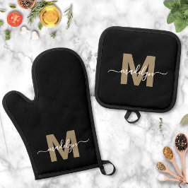 Black Gold Modern Name Monogram Ofenhandschuh & Topflappen-Set