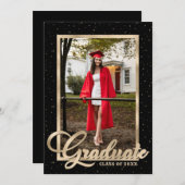 Black Gold Modern Script Foto Graduation Party Einladung (Vorne/Hinten)