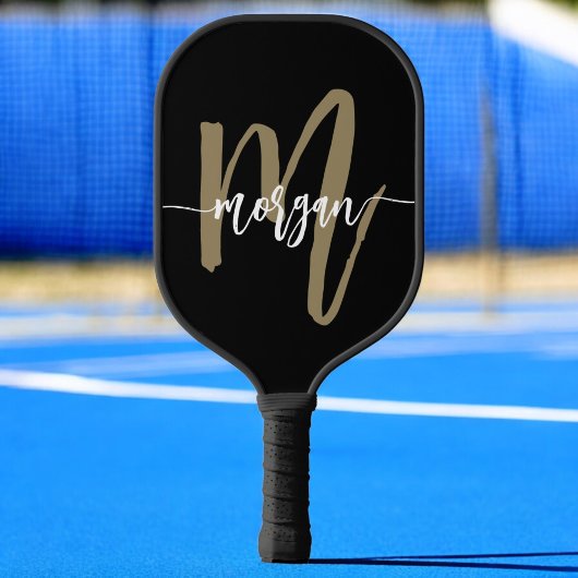 Black Gold Modern Script Monogram Name Pickleball Schläger
