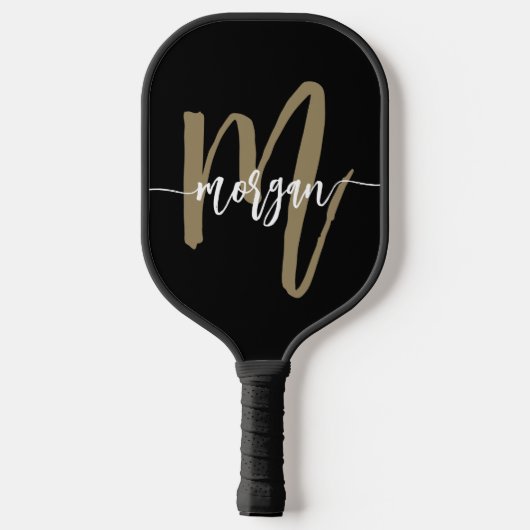 Black Gold Modern Script Monogram Name Pickleball Schläger (Rückseite)
