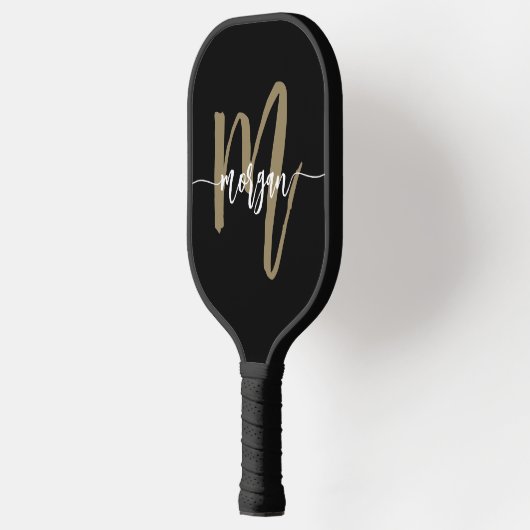 Black Gold Modern Script Monogram Name Pickleball Schläger (Links)