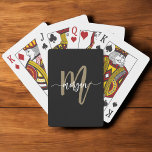 Black Gold Modern Script Monogram Name Spielkarten<br><div class="desc">Spielen Sie stilvoll mit den Black and Gold Modern Script Monogram Name Poker Cards. Mit einem eleganten Schwarz-Design und einem fett-goldenen Monogramm in einem modernen Script-Schriftart bringen diese Poker-Karten Eleganz und Eleganz in Ihre Spielabend. Sie sind aus hochwertigen, langlebigen Materialien gefertigt und sorgen für einen reibungslosen Handling für ein außergewöhnliches...</div>
