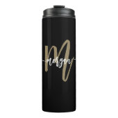 Black Gold Modern Script Monogram Name Thermosbecher (Vorderseite)