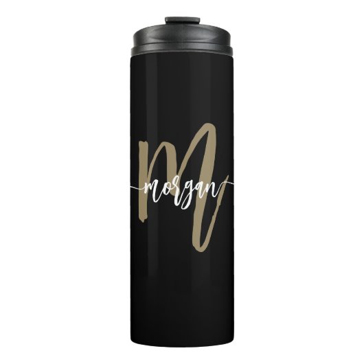 Black Gold Modern Script Monogram Name Thermosbecher (Vorderseite)