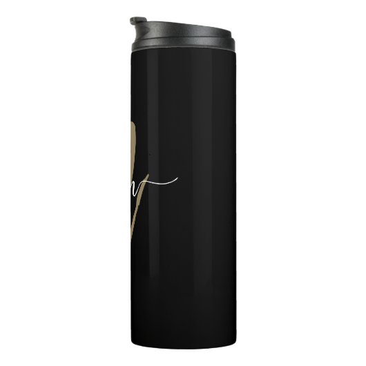Black Gold Modern Script Monogram Name Thermosbecher (Nach rechts gedreht)
