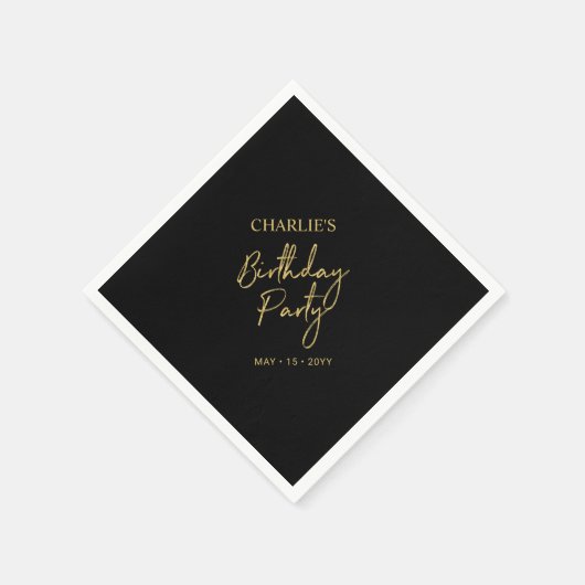 Black & Gold Moderne Brush Script Geburtstagsparty Serviette (Ecke)