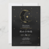 Black & Gold Moderne Celestial Moon Star Verlobung Einladung (Vorderseite)