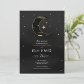 Black & Gold Moderne Celestial Moon Star Verlobung Einladung (Stehend Vorderseite)
