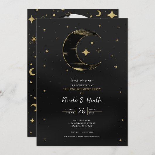 Black & Gold Moderne Celestial Moon Star Verlobung Einladung (Vorne/Hinten)