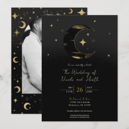 Black & Gold Moderne Celestial Moon Stars Hochzeit Einladung