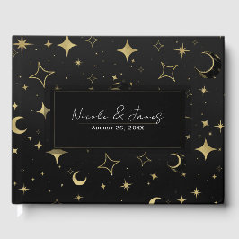 Black & Gold Moderne Celestial Moon Stars Hochzeit Gästebuch