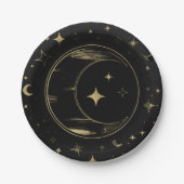 Black & Gold Moderne Celestial Moon Stars Hochzeit Pappteller (Vorderseite)