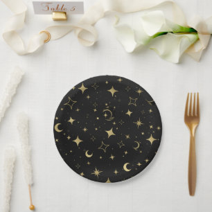 Black & Gold Moderne Celestial Moon Stars Hochzeit Pappteller