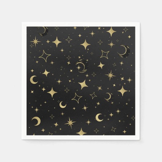 Black & Gold Moderne Celestial Moon Stars Hochzeit Serviette (Vorderseite)
