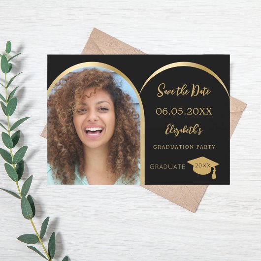 Black Gold Moderne Foto Graduation Party Save The Date