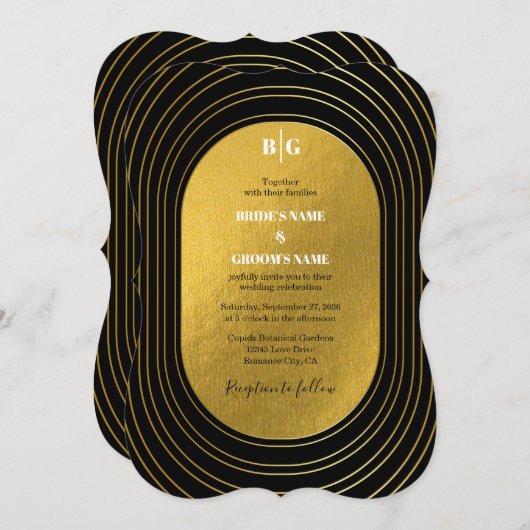 Black & Gold Moderne Minimalistisch Arch Wedding Einladung (Vorne/Hinten)