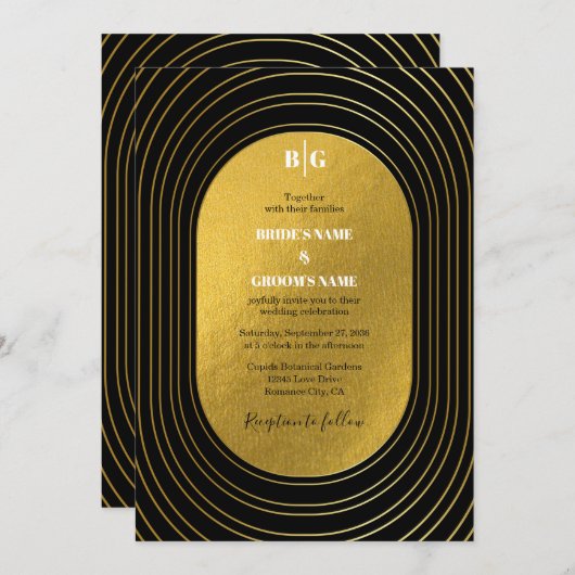 Black & Gold Moderne Minimalistisch Arch Wedding Einladung (Vorne/Hinten)