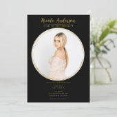 Black & Gold Moderne Round Foto Graduation Party Einladung (Stehend Vorderseite)