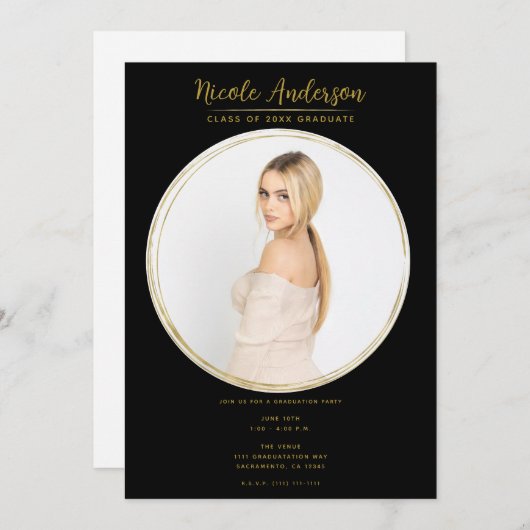 Black & Gold Moderne Round Foto Graduation Party Einladung (Vorne/Hinten)