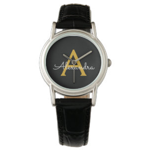 Black Gold Moderne Schriftzug Monogramm Name Armbanduhr