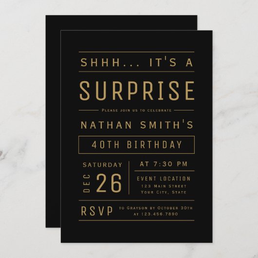 Black Gold Moderne Typografie Überraschung Geburts Einladung (Vorne/Hinten)