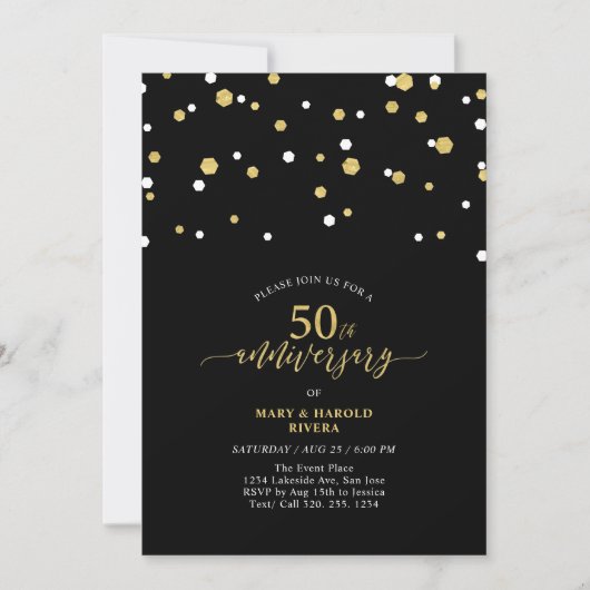 Black & Gold Modernes 50. Hochzeitsszenario-Party Einladung (Vorderseite)