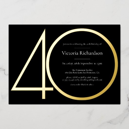 Black Gold Modernes Minimalistisches 40. Geburtsta Folieneinladung (Vorderseite)