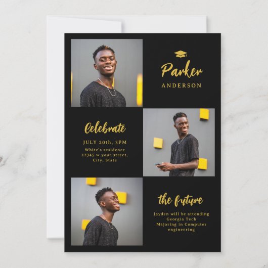 Black & Gold Modernes Script Foto Abschluss Einladung (Rückseite)