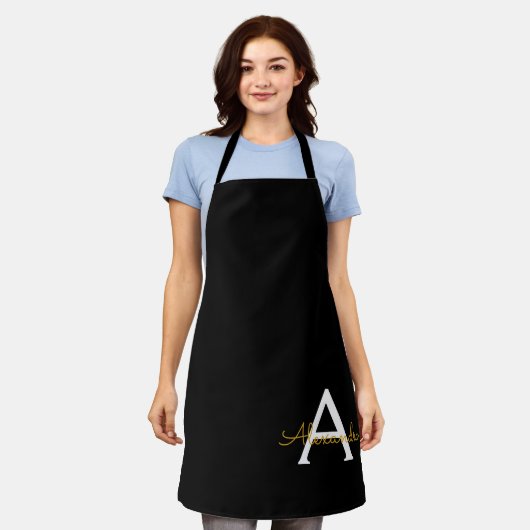 Black Gold Modernes Script Girly Monogram Name Sch Schürze (Getragen)