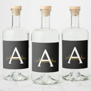 Black Gold Modernes Script Giron Monogram Name Alkoholflaschenetikett