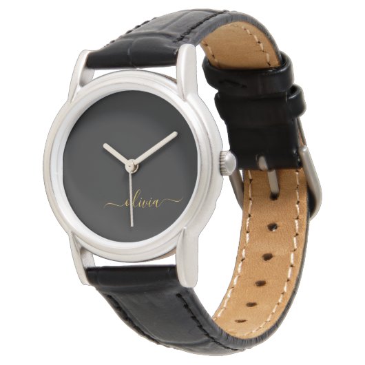 Black Gold Modernes Script Giron Monogram Name Armbanduhr (Schrägansicht)