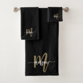 Black Gold Modernes Script Giron Monogram Name Badhandtuch Set (Insitu)