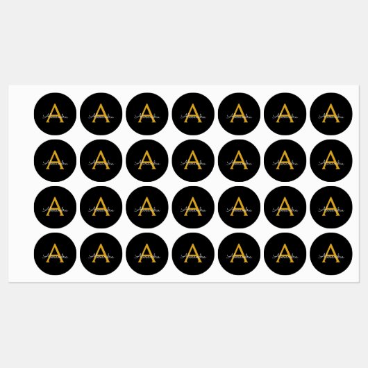 Black Gold Modernes Script Giron Monogram Name Etiketten (Blatt)