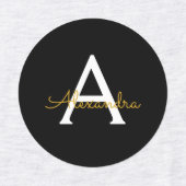 Black Gold Modernes Script Giron Monogram Name Etiketten (Design 1)