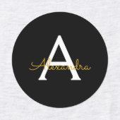 Black Gold Modernes Script Giron Monogram Name Etiketten (Design 2)