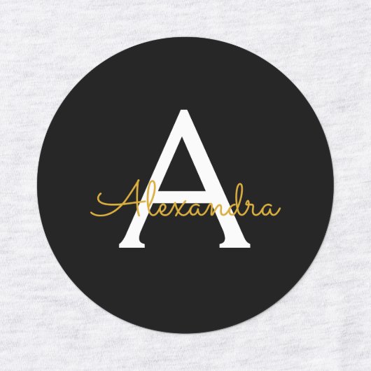 Black Gold Modernes Script Giron Monogram Name Etiketten (Design 2)