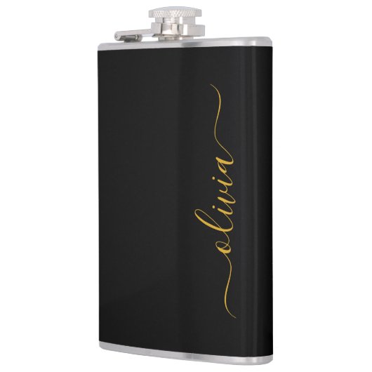 Black Gold Modernes Script Giron Monogram Name Flachmann (Links)