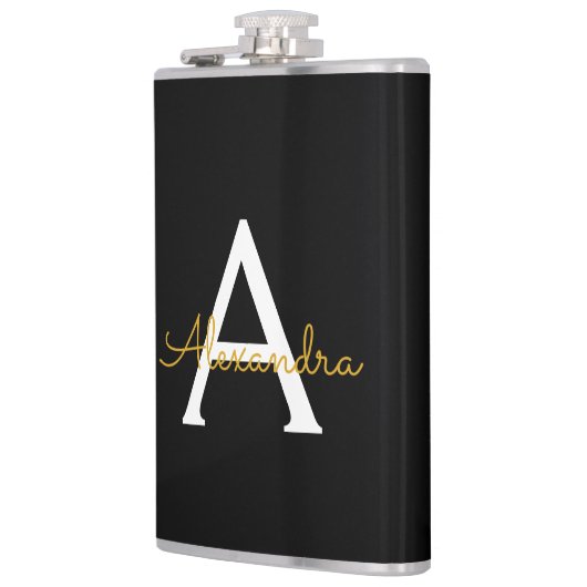 Black Gold Modernes Script Giron Monogram Name Flachmann (Links)