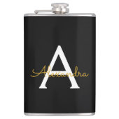 Black Gold Modernes Script Giron Monogram Name Flachmann (Vorderseite)