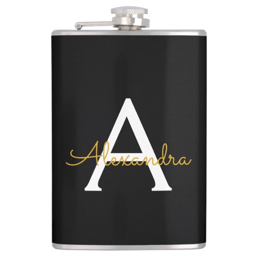 Black Gold Modernes Script Giron Monogram Name Flachmann (Vorderseite)