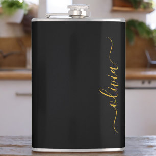 Black Gold Modernes Script Giron Monogram Name Flachmann