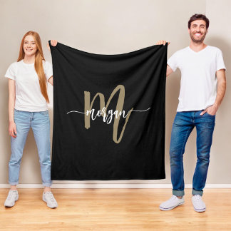 Black Gold Modernes Script Giron Monogram Name Fleecedecke