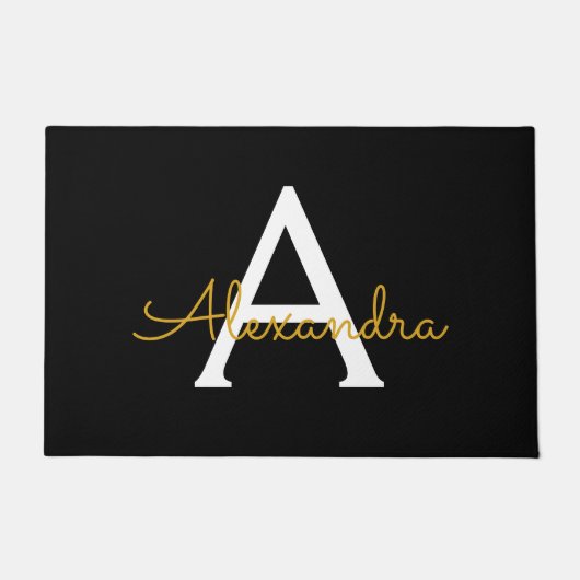 Black Gold Modernes Script Giron Monogram Name Fußmatte (Vorderseite)
