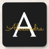 Black Gold Modernes Script Giron Monogram Name Getränkeuntersetzer (Vorderseite)