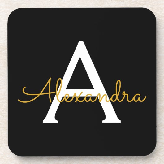 Black Gold Modernes Script Giron Monogram Name Getränkeuntersetzer (Vorderseite)