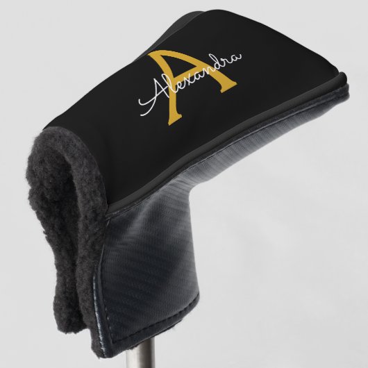 Black Gold Modernes Script Giron Monogram Name Golf Headcover (3/4 Vorderseite)