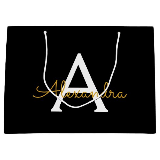 Black Gold Modernes Script Giron Monogram Name Große Geschenktüte (Vorderseite)