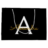 Black Gold Modernes Script Giron Monogram Name Große Geschenktüte (Rückseite)