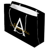 Black Gold Modernes Script Giron Monogram Name Große Geschenktüte (Rückseite Schrägansicht)