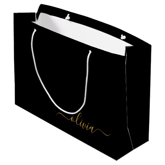 Black Gold Modernes Script Giron Monogram Name Große Geschenktüte (Rückseite Schrägansicht)